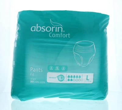 Absorin comfort pants fit Absorin comfort pant fit L <145 Absorin - Wit - Non-woven toplaag - Voor mannen en vrouwen met zware incontinentie - Superabsorberend poeder / anatomisch gevormd - 14 stuks