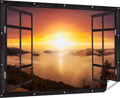 Gards Tuinposter Doorkijk Zonsondergang in de Bergen met Wolken - 180x120 cm - Tuindoek - Tuindecoratie - Wanddecoratie buiten - Tuinschilderij