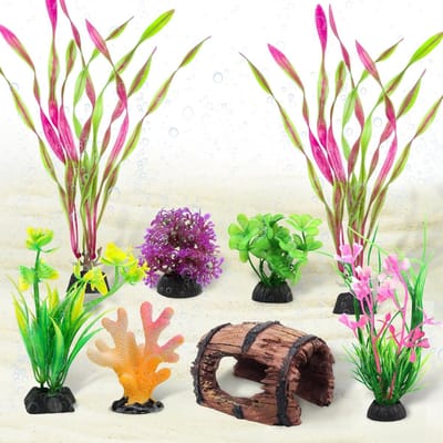 Kleine Vis Decoratie voor Aquarium met Plastic Houten Vaten en Koraal Ornamenten - 8 Delige Set voor Onderwater Planten en Accessoires