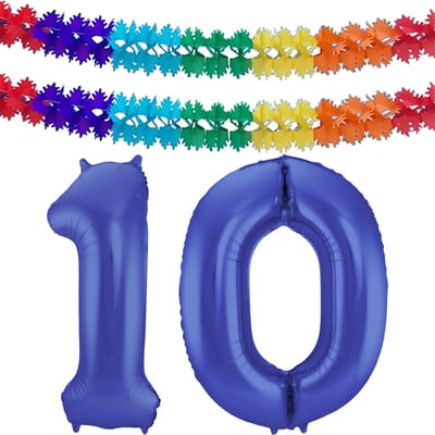 Folat Verjaardag Leeftijd folieballon - 10 jaar - blauw - 86 cm - cijferballon groot - incl 2x feestslingers