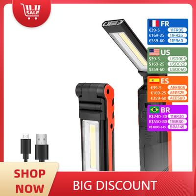 Dimbare Cob Led Werklamp Usb Oplaadbare Zaklamp Inspectie Lamp Met Magnetische & Haak Power Bank 2300Mah 18650 Batterij