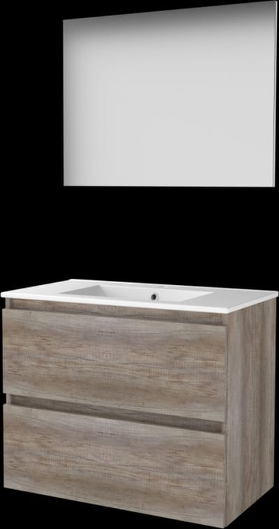 Basic-Line Basic 46 Badkamermeubelset - 80 x 46 cm - Greeploos - 2 Lades - Keramische Wastafel - 1 Kraangat - Spiegel - Scotch Oak
