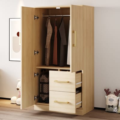 Kleiderschrank / Kinderkast - 70x40x135 cm - Dubbeldeurs + Laden + Opbergruimte - Kinderkamer - Houtkleur