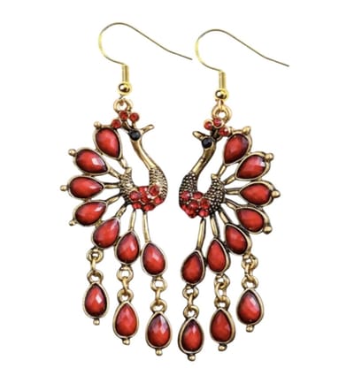 Zilver- pauw oorbellen -rood goudkleurig 7.5 cm- Charme Bijoux