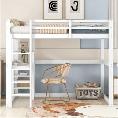 Merax Hoogslaper - 140 x 200 cm - met bureau en opbergplank - grenen - kleur wit