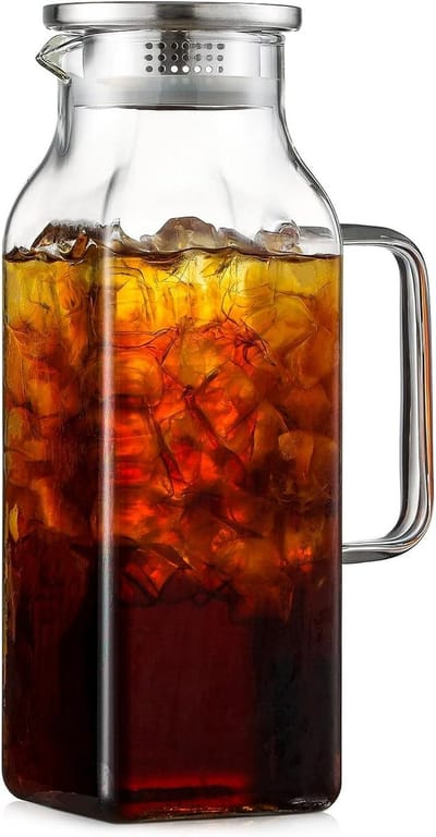 Vierkante glazen waterkan - met deksel en handvat - koelkastbestendig - geschikt voor warme en koude dranken - grote inhoud voor thuis- en restaurantgebruik - geschikt voor koffie, sap, melk en andere dranken.