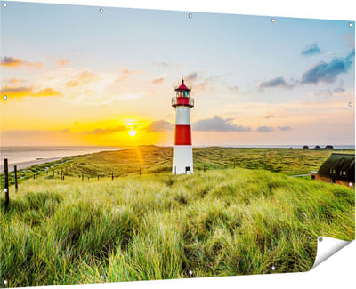 Gards Tuinposter Vuurtoren met Zonsopgang op een Eiland - 180x120 cm - Tuindoek - Tuindecoratie - Wanddecoratie buiten - Tuinschilderij