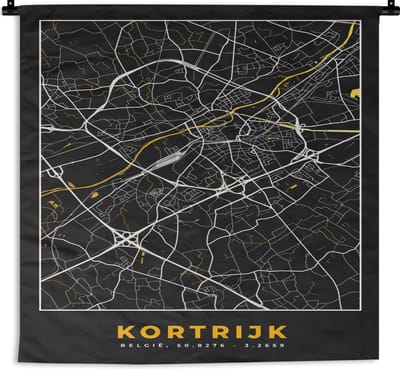 Wandkleed - Wanddoek - Kaart - Kortrijk - Goud - Plattegrond - Stadskaart - 180x180 cm - Wandtapijt