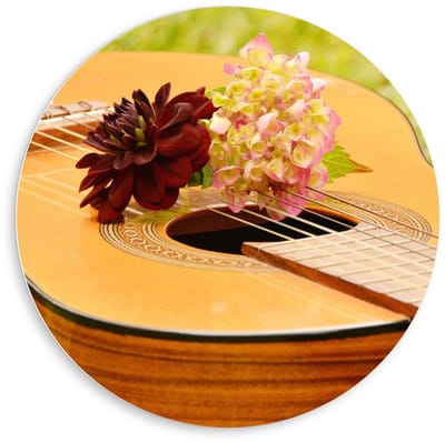 Forex Wandcirkel - Gitaar in Grasveld met Bloemen - 80x80cm Foto op Wandcirkel (met ophangsysteem)