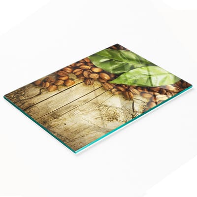 Glazen serveerplank voor in de keuken met koffie- en laurierbladmotief, 80x52 cm