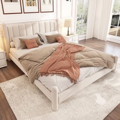 DESMIU Gestoffeerd Bed 180x200cm Zonder Matras Met Golvend Hoofdbord En Stevige Lattenbodem Voor Slaapkamer Van Zacht Fluweel Beige