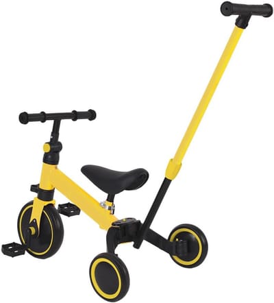 4-in-1 Driewieler voor Peuters - Loopfiets met Stuurgreep en 3 EVA-wielen (Geel)