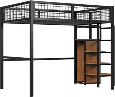 Gotagee Hoogslaper 140x200 met ladder, kinderbed met ijzeren frame en opbergplank, zwarte kledingkast(zonder matras)