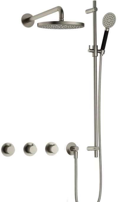 Hotbath Cobber IBS70 inbouw regendoucheset met ronde handdouche aan glijstang en 20cm ronde hoofddouche aan 40cm wandarm geborsteld nikkel