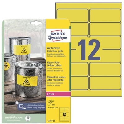 Avery-Zweckform L6107-20 Folie-etiketten 99.1 x 42.3 mm Polyester folie Geel 240 stuk(s) Permanent hechtend Laser (kleur), Laser (zwart/wit), Kopiëren