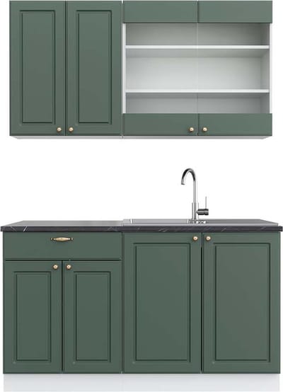 Vicco Fame-Line Eenpersoonskeuken – 140 cm, WB Antraciet Groen-Goud Landhuis/Wit