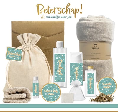 Geschenkset “Beterschap! en een knuffel voor jou” - 10 producten - 1400 gram | Luxe Cadeaubox voor haar - Giftset Vrouw - Meisje - Welness Set - Speciaal voor jou - Cadeaupakket - Beterschapscadeau - Opkikkertje - Liefs - Goud - Turquoise