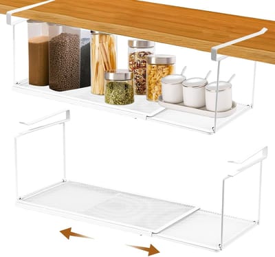 Famanu – Uittrekbare opbergmand onder het rek - verstelbaar verhoogd onderkastrek - 40-70 cm - metalen opbergmand - hangend onder bureaurek (wit)