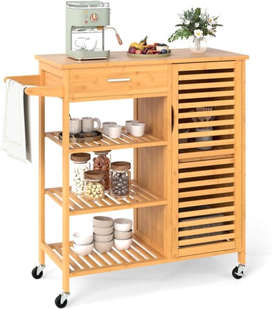 COSTWAY Keukenwagen van hout bamboe, keukenkast met wieltjes, serveerwagen met lade, 3 planken, handdoekhouder en 1 lattendeurkast, rolwagen voor keuken eetkamer, 91 x 44 x 89 cm, naturel