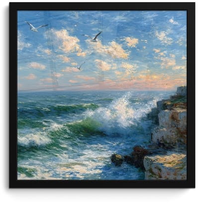 Poster in lijst - Fotolijst 40x40 cm - Posters - Zee - Golven - Rotsen - Meeuwen - Posterlijst zwart - Decoratie - Wanddecoratie woonkamer - Muurdecoratie slaapkamer