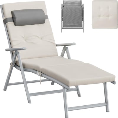 Ligstoel inklapbaar verstelbaar 183 x 60 x 39 cm met 6 cm matras en afneembaar hoofdkussen – ademend aluminium ligbed tuin/camping tot 150 kg – lichtgewicht relax ligstoel zandbeige – Bella
