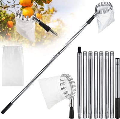 Telescopische Fruitplukker met Diameter van 16 cm, Lichtgewicht RVS, Ideaal voor Appels en Kersen, Inclusief Stoffen Zak voor Eenvoudig Plukken