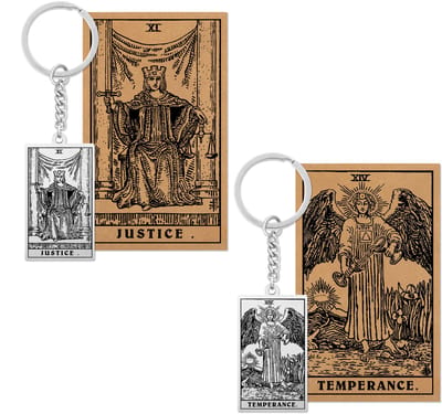 Tarot Sleutelhanger 11 | 14 bundel - Gerechtigheid & Matigheid - Zilverkleurig Stainless Steel - Inclusief Rider-Waite Kaartjes - Pax Amare