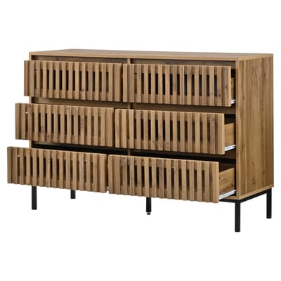 Dressoir - Ladekast - Opbergkast - Buffetkast - 6 Lades - Rastermotief - Zwarte Poten - Krasbestendig - Woonkamer - 120x40x81cm - 1 Stuk - Houtkleur