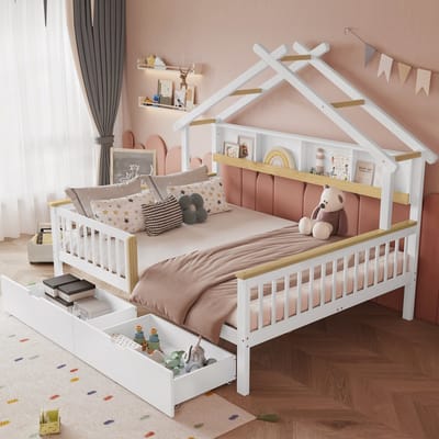 Sweiko Kinderbed - 140 x 200cm - met bedhek - opbergrek - 2 lades - Grenenhout + MDF - Wit + naturel