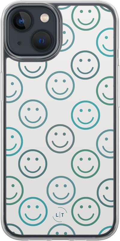 Hoesje geschikt voor iPhone 13 - Happy smileys - 2in1 backcover - Print / Illustratie - Blauw - Leuke Telefoonhoesjes
