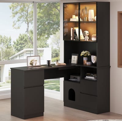 FloraGrace Hoekbureau - Met Regal En LED Vitrinekast - 3 Lades En 2 Deuren Voor Thuiswerk En Studie - MDF - 120x80x180 Cm - Zwart