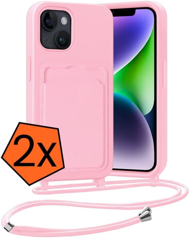 Hoesje Geschikt voor iPhone 13 Hoesje Met Telefoonketting Pasjeshouder Case Koord - Hoesje Geschikt voor iPhone 13 Hoes Met Kaarthouder - Lichtroze - 2 PACK