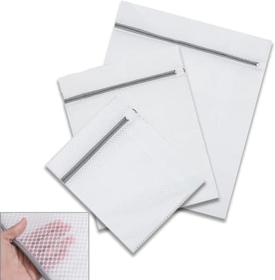 Set van 3 Herbruikbare Waszakken van Honingraatmesh, Milieuvriendelijk Polyester met Rits voor Bescherming van Delicate Kleding zoals Truien, Sokken en Ondergoed (S-M-L, Wit)