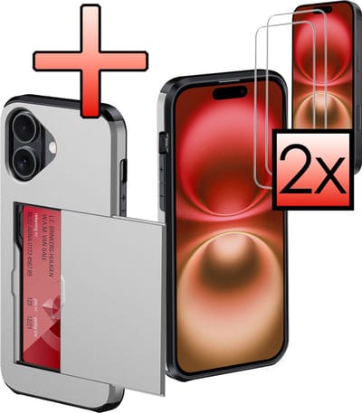Hoes Geschikt voor iPhone 16 Hoesje Pasjeshouder Hard Cover Met 2x Screenprotector Shock Proof Hard Case Hoes Met Kaarthouder - Grijs