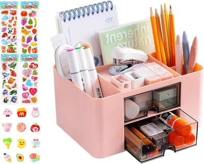 Multifunctionele Bureau Organizer met Lade, 5 Compartimenten voor Pennen, Bureauaccessoires voor Thuis, Kantoor en School, Roze