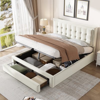 DESMIU Gestoffeerd Bed 140x200 cm – Verstelbaar Hoofdbord – Hydraulische Opbergruimte en 2 Laden – Voor Slaapkamer – Fluweel – Beige – Zonder Matras