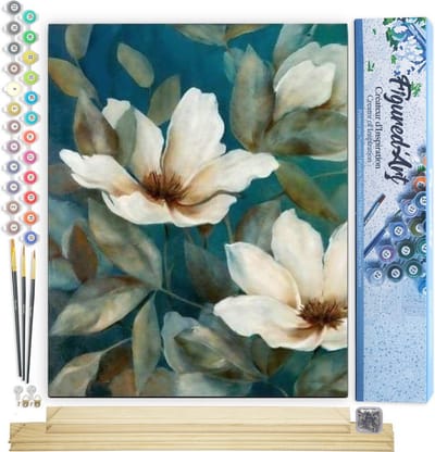 Figured'Art Schilderen op Nummer Volwassenen canvas Witte Bloem 2 - Handwerk acrylverf Kit DIY Compleet - 40x50cm met DIY houten lijst