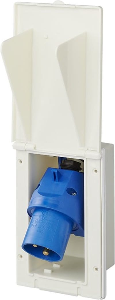 ProPlus CEE Wandinvoerdoos 160 x 100 mm – Voor caravan en camper – 16A IP44 met draaibare CEE-stekker – Wit/Blauw