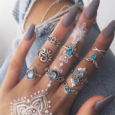 Bohemia Olifant Kroon Bloem Kristal Ringen Set Zilverkleur Vingerringen voor Vrouwen Feest Knokkel Sieraden Anillos gray