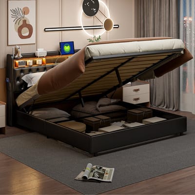 Tweepersoonsbed 180×200 cm – Zwart PU Hydraulisch Opbergbed met LED, USB & Hoofdbord Opbergruimte