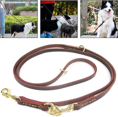 Dubbelzijdige leren hondenriem, comfortabele en duurzame anti-verlies harnassleuf, ideaal voor het uitlaten van twee honden met dubbele koperen haken