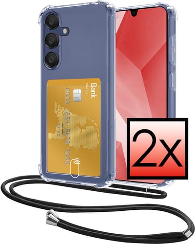 Hoes Geschikt voor Samsung Galaxy A16 Hoesje Pasjeshouder Cover Met Koord Shock Proof Case Siliconen Hoes Met Telefoonkoord en Kaarthouder - Transparant - 2 PACK