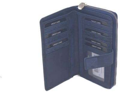 Oi blauwe gemêleerde rits portemonnee / halflange lederen damesportemonnee voor veel pasjes / leren beurs afsluitbaar / ritsportemonnee met diep biljetvak en rits voor muntgeld / Anti skim / blauw leer / 477Navy