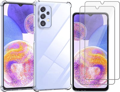 Hoesje geschikt voor Samsung A23 / M13 / M23 - Anti Shock Proof Siliconen Back Cover Case Hoes Transparant - 2x Tempered Glass Screenprotector