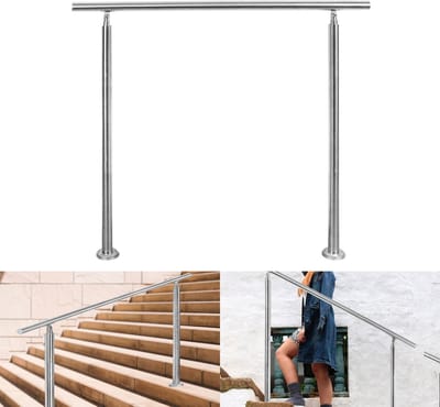 Trapleuning - Roestvrij Stalen - 100cm - Zonder Dwarsbalken - voor binnen en buiten - In Hoek Verstelbaar Trapleuningen - met Kogelring en 2 Palen - voor Trap Balkon Terras Borstwering - Ø 42 mm