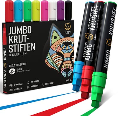 Napi Raamstiften XL 8st - 3-in-1 Punt - Afwasbaar - Jumbo Krijtstiften voor Krijtbord & Raam - 3 tot 10mm - Whiteboard Stiften - Whiteboardmarkers - Krijtstift Markers - Glasstiften - Krijtmarker - Porselein - Glas - 8 Kleuren