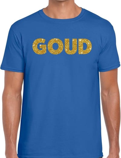 Bellatio Decorations feest t-shirt voor heren goud - glitter tekst - foute party/carnaval - blauw S