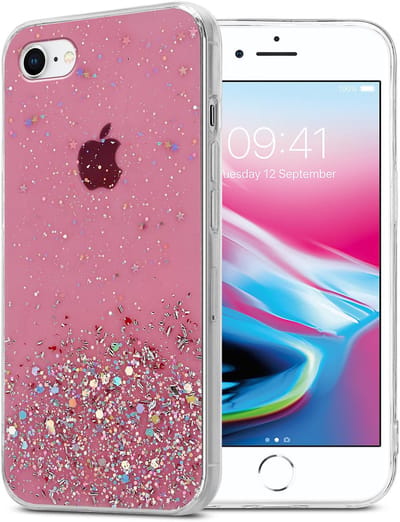 Cadorabo Hoesje geschikt voor Apple iPhone 7 / 7S / 8 / SE 2020 in Roze met Glitter - Beschermhoes van flexibel TPU silicone met fonkelende glitters Case Cover Etui