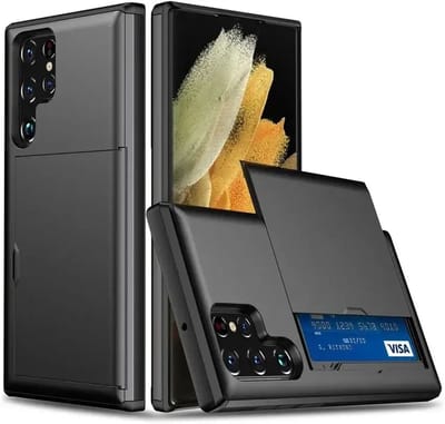 Hoesje met Kaarthouder Slider Geschikt voor Samsung Galaxy S25 Ultra | Back Cover Pasjeshouder Achterkant | Kaarthouder voor Twee Pasjes | Zwart
