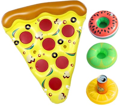 1 Pack - Pizza opblaasbare float Volwassen waterstoelen Zwembad Drijvende bedden Zomer kleuren entertainment rijden zwem uitrusting (met 3 cup zitplaatsen) (met handpomp)